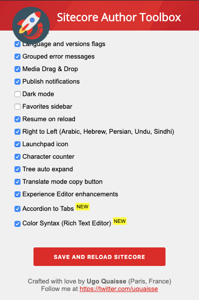 Sitecore Author Toolbox option menu